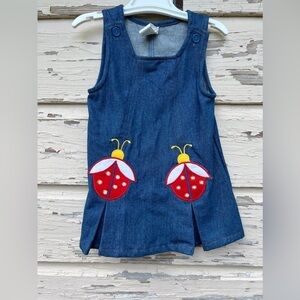Vintage 80s Ladybugs Girl’s 24 Month Embroidered Denim Jumper Dress